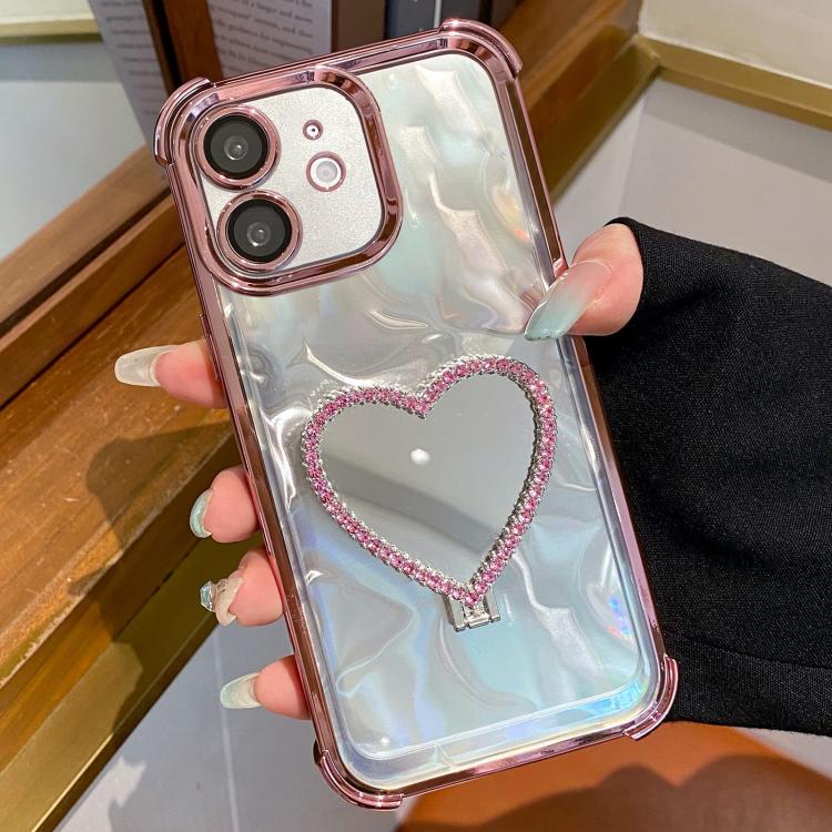 Custodia per telefono a forma di cuore in TPU galvanizzato con specchio e supporto in acrilico., For iPhone 11, For iPhone 11 Pro, For iPhone X / XS, For iPhone XR