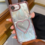 Custodia per telefono a forma di cuore in TPU galvanizzato con specchio e supporto in acrilico., For iPhone 16e / 17e, For iPhone 17 Pro Max, For iPhone 17 Pro, For iPhone 17
