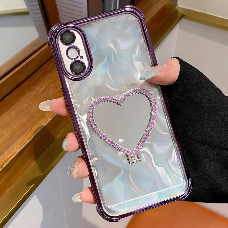 Custodia per telefono a forma di cuore in TPU galvanizzato con specchio e supporto in acrilico., For iPhone 11, For iPhone 11 Pro, For iPhone X / XS, For iPhone XR