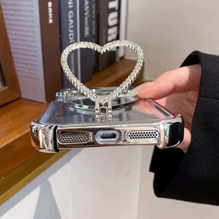 Custodia per telefono a forma di cuore in TPU galvanizzato con specchio e supporto in acrilico., For iPhone 16e / 17e, For iPhone 17 Pro Max, For iPhone 17 Pro, For iPhone 17