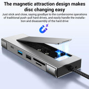 Hub 8 in 1 con porte USB-C per SSD M.2, box esterno HDTV, 2 porte USB 3.2 con audio, PD e lettore di schede SD/TF., 8 in 1 with USB 3.2 + USB 3.2