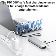 Hub 8 in 1 con porte USB-C per SSD M.2, box esterno HDTV, 2 porte USB 3.2 con audio, PD e lettore di schede SD/TF., 8 in 1 with USB 3.2 + USB 3.2