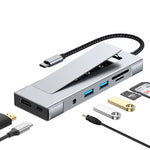 Hub 8 in 1 con porte USB-C per SSD M.2, box esterno HDTV, 2 porte USB 3.2 con audio, PD e lettore di schede SD/TF., 8 in 1 with USB 3.2 + USB 3.2