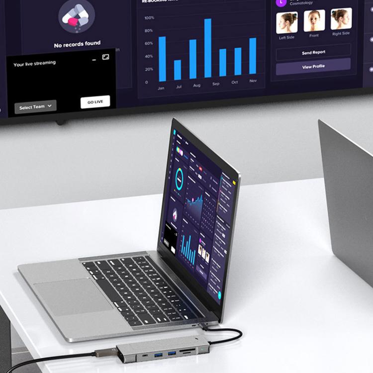 Hub 8 in 1 con porte USB-C per SSD M.2, box esterno HDTV, 2 porte USB 3.2 con audio, PD e lettore di schede SD/TF., 8 in 1 with USB 3.2 + USB 3.2