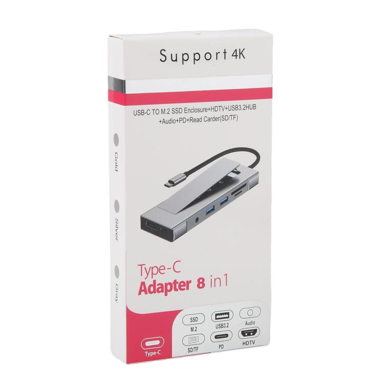 Hub 8 in 1 con porte USB-C per SSD M.2, box esterno HDTV, 2 porte USB 3.2 con audio, PD e lettore di schede SD/TF., 8 in 1 with USB 3.2 + USB 3.2