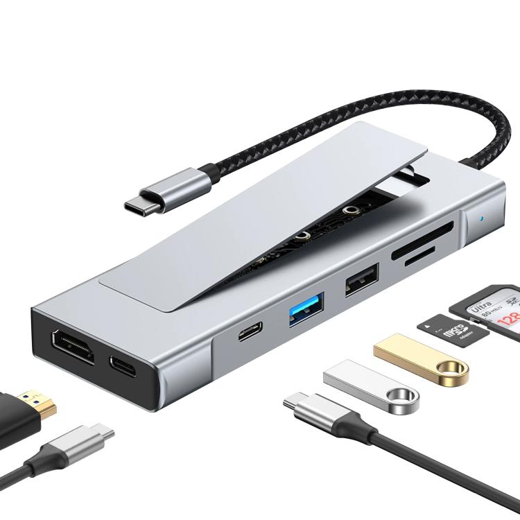 Hub 8 in 1 con interfaccia USB-C per SSD M.2, HDTV, USB 3.2, USB 2.0, PD e lettore di schede SD/TF., 8 in 1 with USB 3.2 + USB 2.0