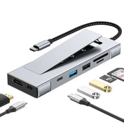Hub 8 in 1 con interfaccia USB-C per SSD M.2, HDTV, USB 3.2, USB 2.0, PD e lettore di schede SD/TF., 8 in 1 with USB 3.2 + USB 2.0
