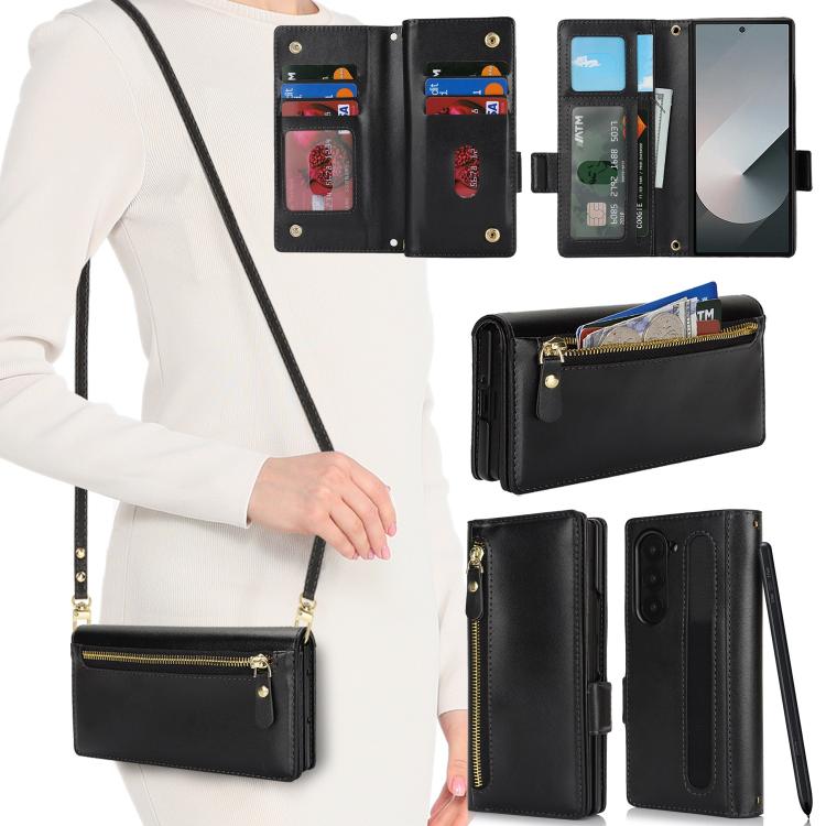 Borsa a tracolla con cerniera frontale, portafoglio multi-carta, custodia per telefono in pelle vegana, For Samsung Galaxy Z Fold6, For Samsung Galaxy Z Fold5
