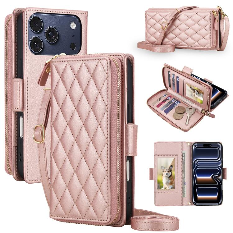 Portafoglio a tracolla con cerniera a reticolo di diamanti, protezione RFID, custodia per telefono in pelle vegana, For iPhone 17 Pro Max, For iPhone 17 Pro