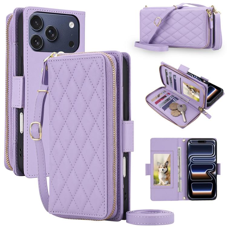 Portafoglio a tracolla con cerniera a reticolo di diamanti, protezione RFID, custodia per telefono in pelle vegana, For iPhone 17 Pro Max, For iPhone 17 Pro