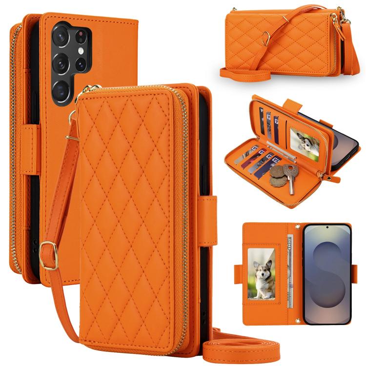 Portafoglio a tracolla con cerniera a reticolo di diamanti, protezione RFID, custodia per telefono in pelle vegana, For Samsung Galaxy S26 Ultra 5G, For Samsung Galaxy S25 Ultra 5G, For Samsung Galaxy S24 Ultra 5G