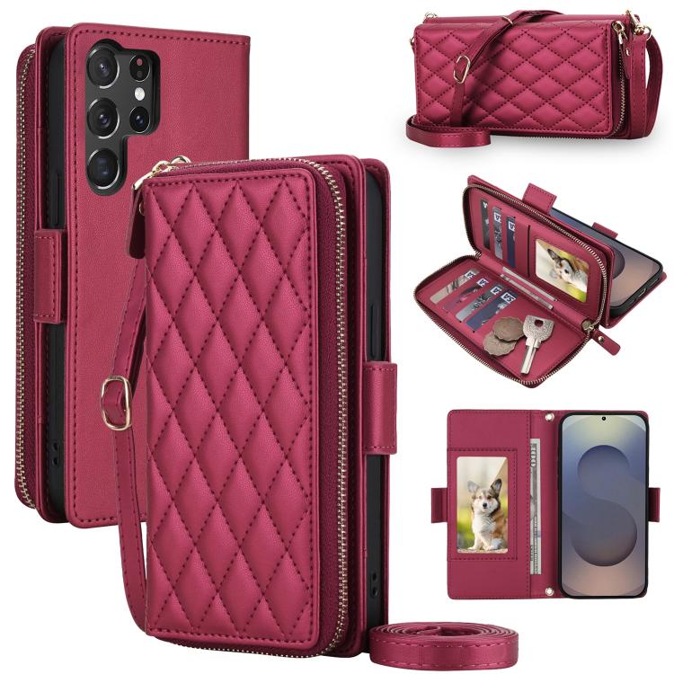 Portafoglio a tracolla con cerniera a reticolo di diamanti, protezione RFID, custodia per telefono in pelle vegana, For Samsung Galaxy S26 Ultra 5G, For Samsung Galaxy S25 Ultra 5G, For Samsung Galaxy S24 Ultra 5G