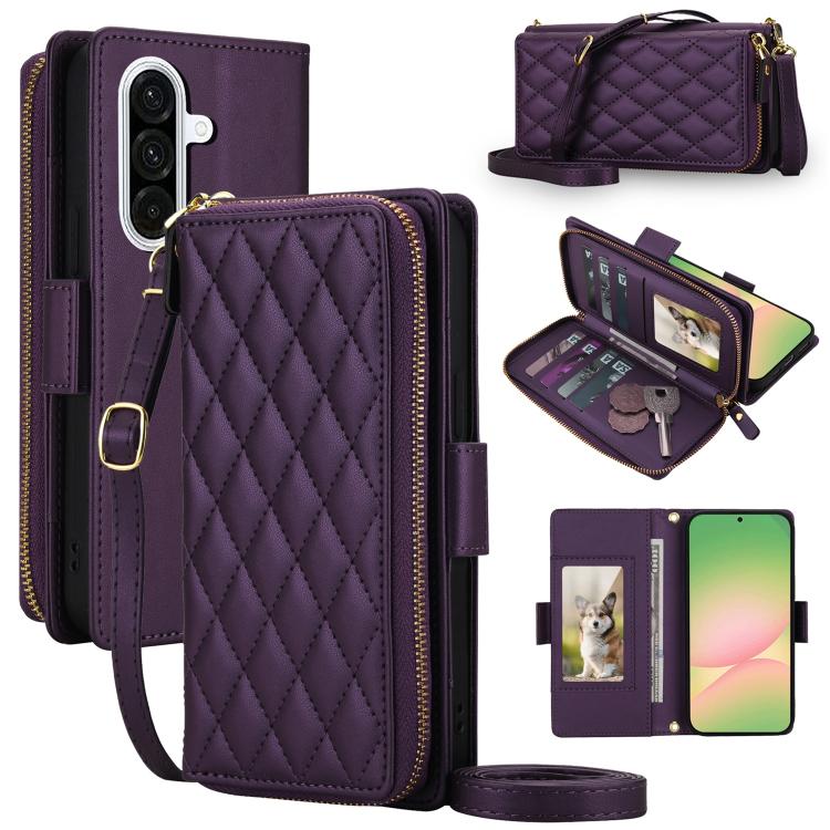 Portafoglio a tracolla con cerniera a reticolo di diamanti, protezione RFID, custodia per telefono in pelle vegana, For Samsung Galaxy A57 5G, For Samsung Galaxy A36 / A37 / A56 5G, For Samsung Galaxy A54 5G