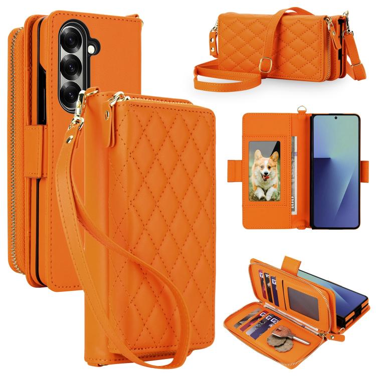 Portafoglio a tracolla con cerniera a reticolo di diamanti, protezione RFID, custodia per telefono in pelle vegana, For Samsung Galaxy Z Fold7 5G