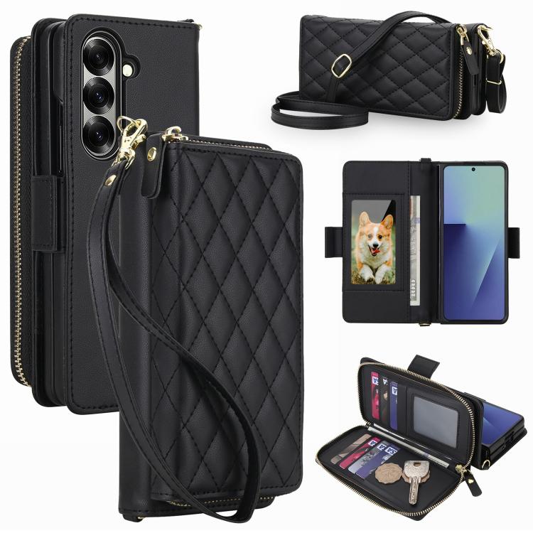 Portafoglio a tracolla con cerniera a reticolo di diamanti, protezione RFID, custodia per telefono in pelle vegana, For Samsung Galaxy Z Fold7 5G