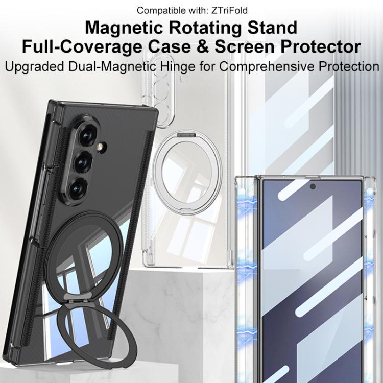 Custodia per telefono GKK pieghevole trasparente a copertura totale con cerniera magnetica integrata e supporto girevole., For Samsung Galaxy Z TriFold