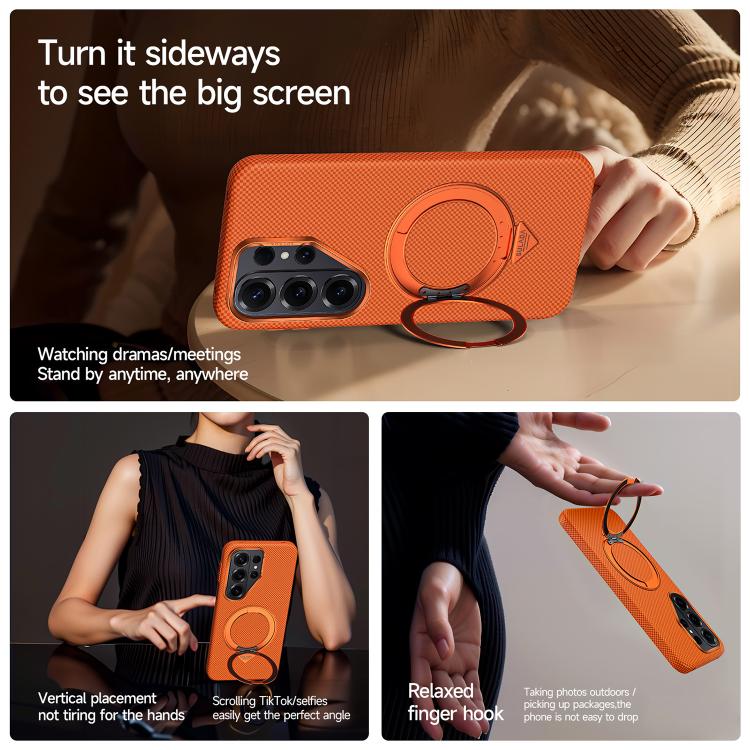 Custodia per telefono SULADA con griglia in Kevlar, effetto pelle e supporto magnetico girevole., For Samsung Galaxy S26+ 5G, For Samsung Galaxy S26 Ultra 5G, For Samsung Galaxy S26 5G