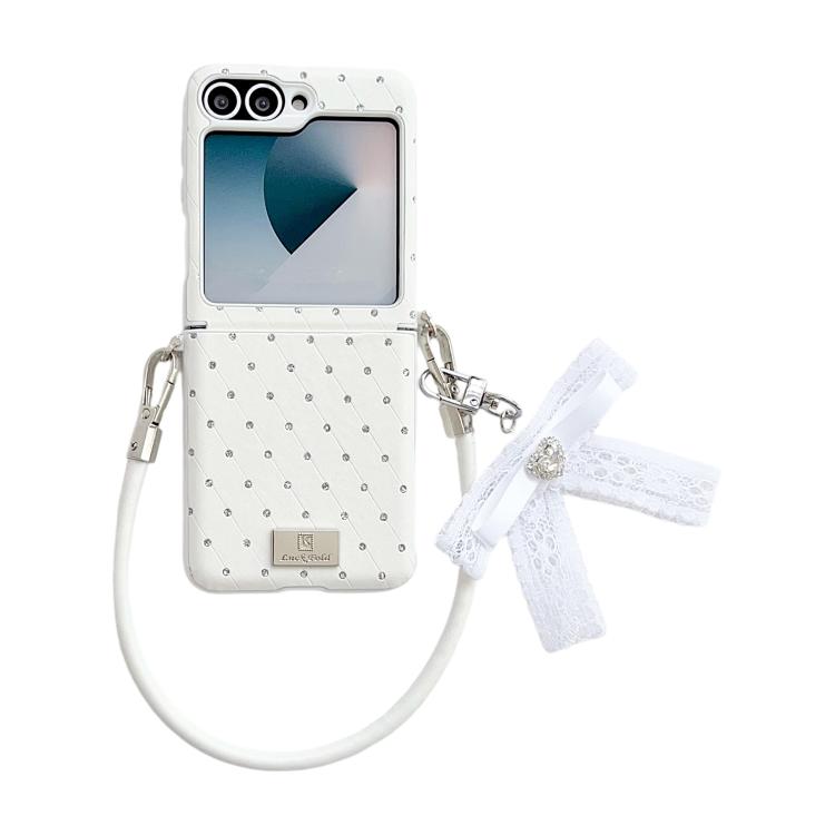 Custodia per telefono con clip laterale, motivo a rombi e cinturino a fiocco fai-da-te, in stile targhetta., For Samsung Galaxy Z Flip6 5G / Flip7 FE, For Samsung Galaxy Z Flip7 5G, For Samsung Galaxy Z Flip5 5G