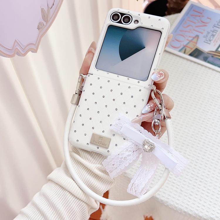 Custodia per telefono con clip laterale, motivo a rombi e cinturino a fiocco fai-da-te, in stile targhetta., For Samsung Galaxy Z Flip6 5G / Flip7 FE, For Samsung Galaxy Z Flip7 5G, For Samsung Galaxy Z Flip5 5G