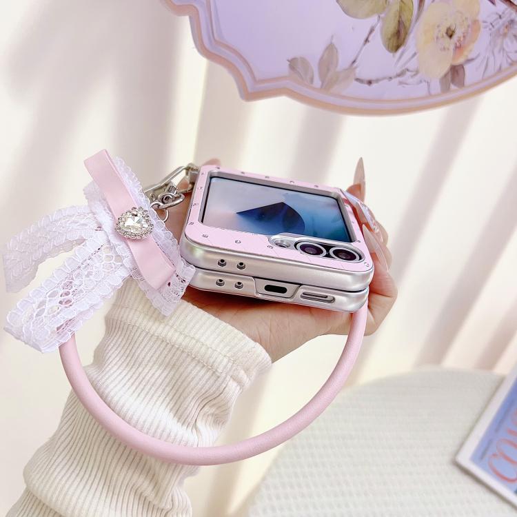 Custodia per telefono con clip laterale, motivo a rombi e cinturino a fiocco fai-da-te, in stile targhetta., For Samsung Galaxy Z Flip6 5G / Flip7 FE, For Samsung Galaxy Z Flip7 5G, For Samsung Galaxy Z Flip5 5G