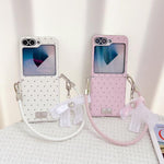 Custodia per telefono con clip laterale, motivo a rombi e cinturino a fiocco fai-da-te, in stile targhetta., For Samsung Galaxy Z Flip6 5G / Flip7 FE, For Samsung Galaxy Z Flip7 5G, For Samsung Galaxy Z Flip5 5G