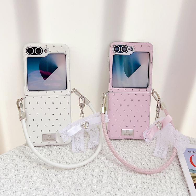 Custodia per telefono con clip laterale, motivo a rombi e cinturino a fiocco fai-da-te, in stile targhetta., For Samsung Galaxy Z Flip6 5G / Flip7 FE, For Samsung Galaxy Z Flip7 5G, For Samsung Galaxy Z Flip5 5G