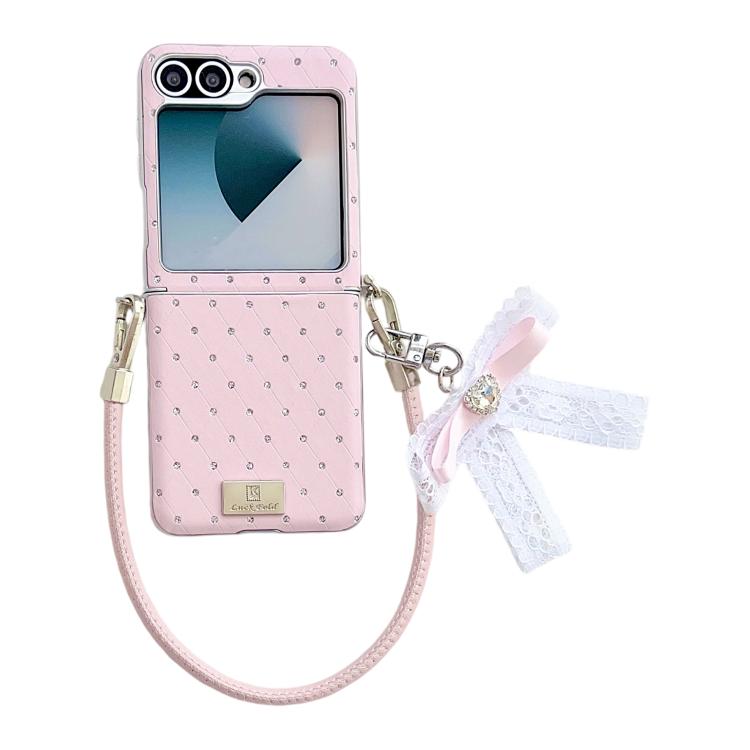 Custodia per telefono con clip laterale, motivo a rombi e cinturino a fiocco fai-da-te, in stile targhetta., For Samsung Galaxy Z Flip6 5G / Flip7 FE, For Samsung Galaxy Z Flip7 5G, For Samsung Galaxy Z Flip5 5G