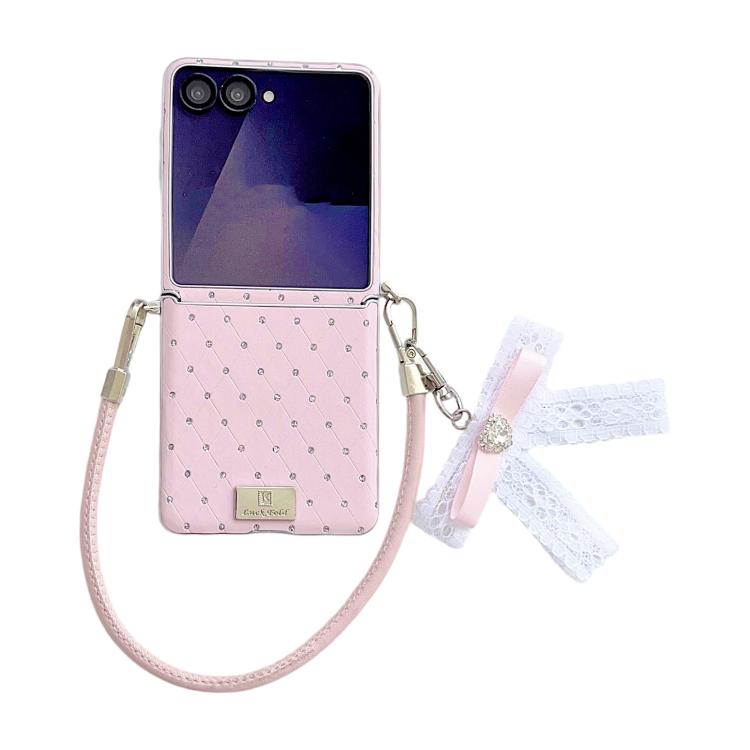 Custodia per telefono con clip laterale, motivo a rombi e cinturino a fiocco fai-da-te, in stile targhetta., For Samsung Galaxy Z Flip6 5G / Flip7 FE, For Samsung Galaxy Z Flip7 5G, For Samsung Galaxy Z Flip5 5G