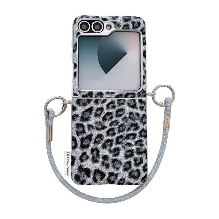 Custodia per telefono con stampa leopardata argentata e chiusura laterale, con cinturino da polso fai-da-te., For Samsung Galaxy Z Flip6 5G / Flip7 FE, For Samsung Galaxy Z Flip7 5G, For Samsung Galaxy Z Flip5 5G