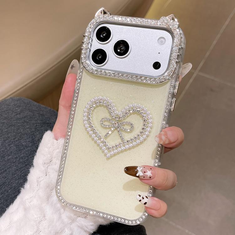 Cover per telefono IMD con orecchie di gatto galvanizzate, strass su entrambi i lati e glitter., For iPhone 17 Pro Max, For iPhone 17 Pro, For iPhone 17, For iPhone Air