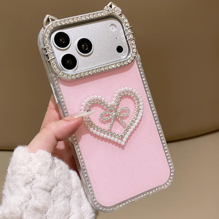 Cover per telefono IMD con orecchie di gatto galvanizzate, strass su entrambi i lati e glitter., For iPhone 17 Pro Max, For iPhone 17 Pro, For iPhone 17, For iPhone Air