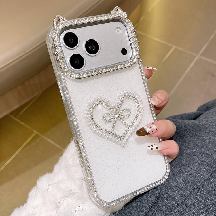 Cover per telefono IMD con orecchie di gatto galvanizzate, strass su entrambi i lati e glitter., For iPhone 17 Pro Max, For iPhone 17 Pro, For iPhone 17, For iPhone Air