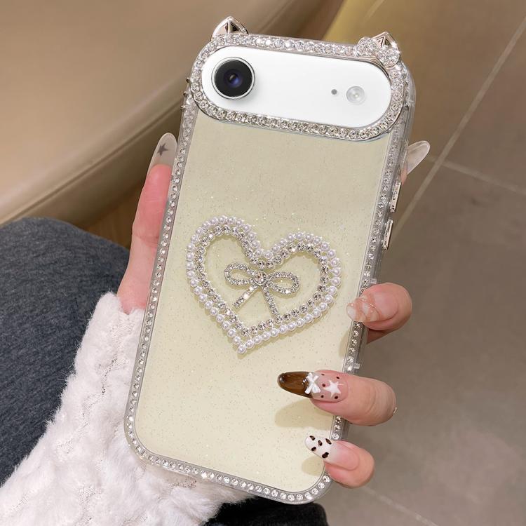 Cover per telefono IMD con orecchie di gatto galvanizzate, strass su entrambi i lati e glitter., For iPhone 17 Pro Max, For iPhone 17 Pro, For iPhone 17, For iPhone Air