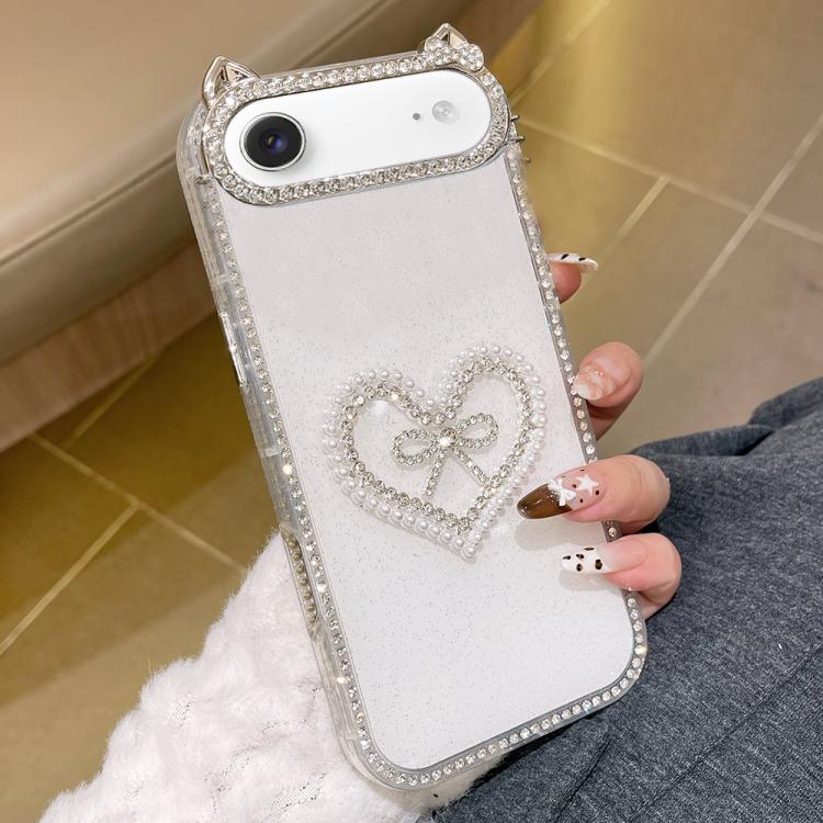 Cover per telefono IMD con orecchie di gatto galvanizzate, strass su entrambi i lati e glitter., For iPhone 17 Pro Max, For iPhone 17 Pro, For iPhone 17, For iPhone Air