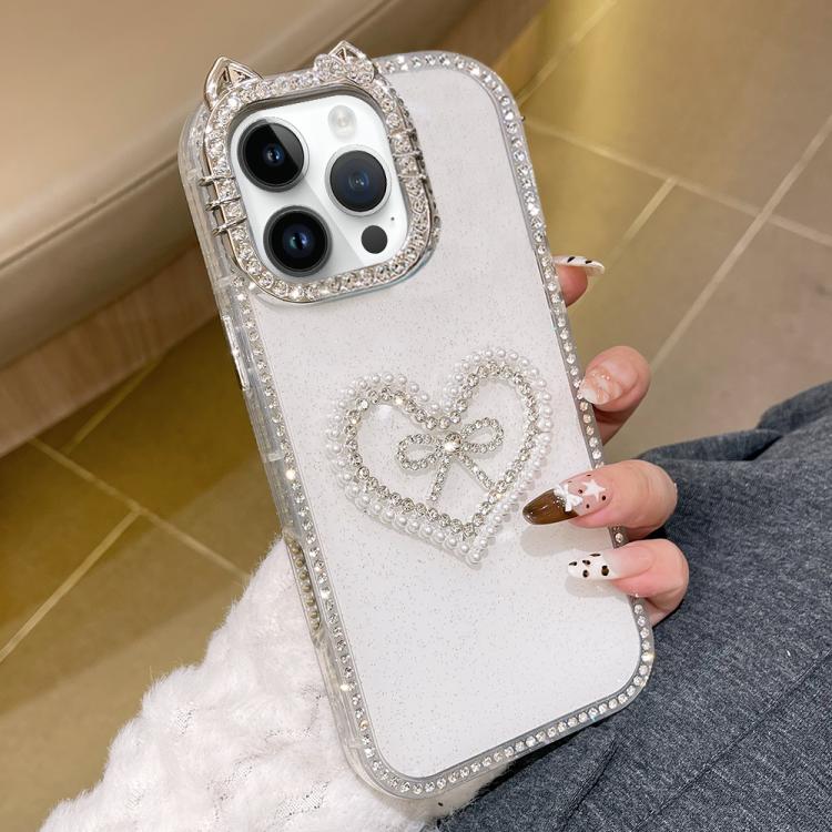 Cover per telefono IMD con orecchie di gatto galvanizzate, strass su entrambi i lati e glitter., For iPhone 16 Pro Max, For iPhone 16 Pro, For iPhone 16 Plus, For iPhone 16