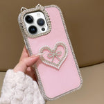 Cover per telefono IMD con orecchie di gatto galvanizzate, strass su entrambi i lati e glitter., For iPhone 16 Pro Max, For iPhone 16 Pro, For iPhone 16 Plus, For iPhone 16