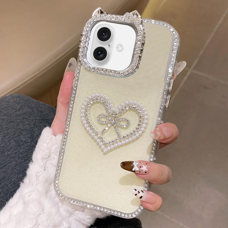 Cover per telefono IMD con orecchie di gatto galvanizzate, strass su entrambi i lati e glitter., For iPhone 16 Pro Max, For iPhone 16 Pro, For iPhone 16 Plus, For iPhone 16