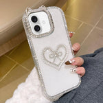 Cover per telefono IMD con orecchie di gatto galvanizzate, strass su entrambi i lati e glitter., For iPhone 16 Pro Max, For iPhone 16 Pro, For iPhone 16 Plus, For iPhone 16