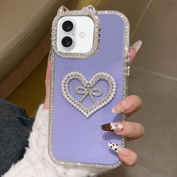 Cover per telefono IMD con orecchie di gatto galvanizzate, strass su entrambi i lati e glitter., For iPhone 16 Pro Max, For iPhone 16 Pro, For iPhone 16 Plus, For iPhone 16