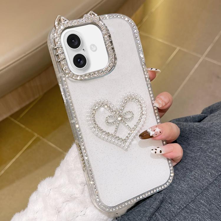 Cover per telefono IMD con orecchie di gatto galvanizzate, strass su entrambi i lati e glitter., For iPhone 16 Pro Max, For iPhone 16 Pro, For iPhone 16 Plus, For iPhone 16