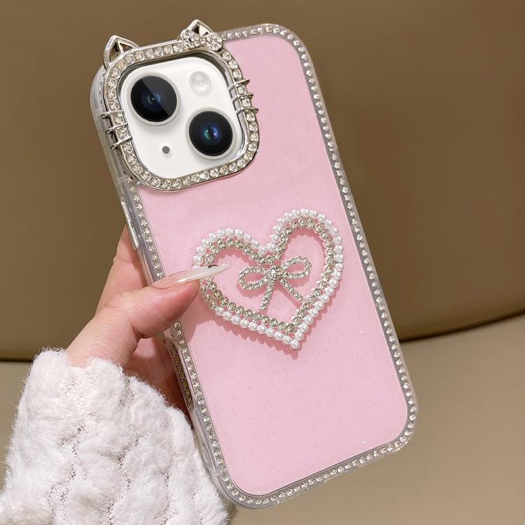 Cover per telefono IMD con orecchie di gatto galvanizzate, strass su entrambi i lati e glitter., For iPhone 15 Pro Max, For iPhone 15 Pro, For iPhone 15 Plus, For iPhone 15