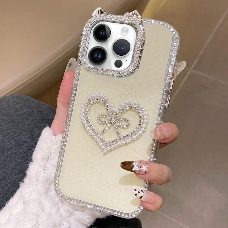 Cover per telefono IMD con orecchie di gatto galvanizzate, strass su entrambi i lati e glitter., For iPhone 14 Plus, For iPhone 14, For iPhone 14 Pro, For iPhone 14 Pro Max