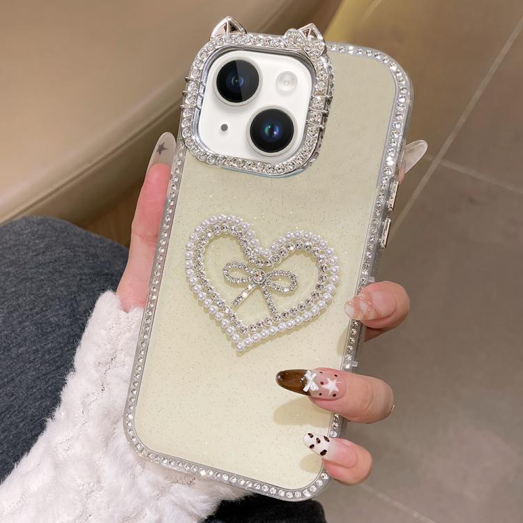 Cover per telefono IMD con orecchie di gatto galvanizzate, strass su entrambi i lati e glitter., For iPhone 13 Pro Max, For iPhone 13 Pro, For iPhone 13, For iPhone 12