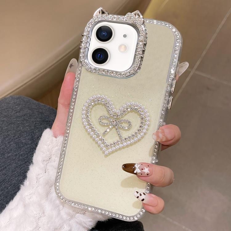 Cover per telefono IMD con orecchie di gatto galvanizzate, strass su entrambi i lati e glitter., For iPhone 13 Pro Max, For iPhone 13 Pro, For iPhone 13, For iPhone 12
