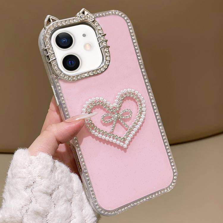Cover per telefono IMD con orecchie di gatto galvanizzate, strass su entrambi i lati e glitter., For iPhone 13 Pro Max, For iPhone 13 Pro, For iPhone 13, For iPhone 12