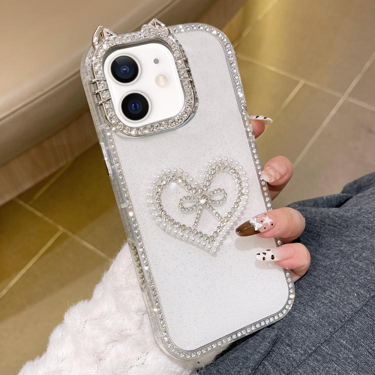 Cover per telefono IMD con orecchie di gatto galvanizzate, strass su entrambi i lati e glitter., For iPhone 13 Pro Max, For iPhone 13 Pro, For iPhone 13, For iPhone 12