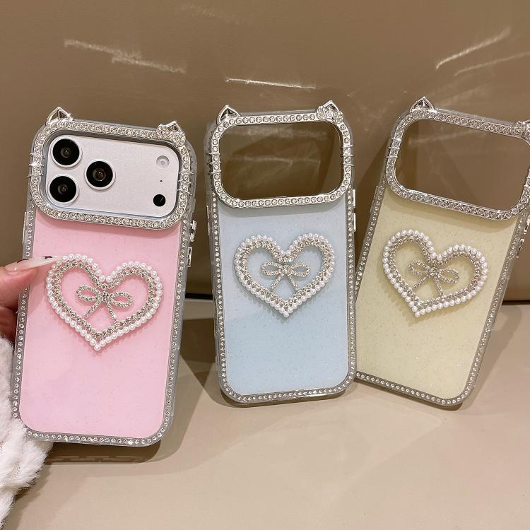 Cover per telefono IMD con orecchie di gatto galvanizzate, strass su entrambi i lati e glitter., For iPhone 17 Pro Max, For iPhone 17 Pro, For iPhone 17, For iPhone Air