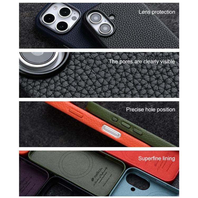 Custodia per telefono Melkco in vera pelle con texture litchi, magnetica e copertura completa., For iPhone 16 Pro Max, For iPhone 16 Pro, For iPhone 16 Plus