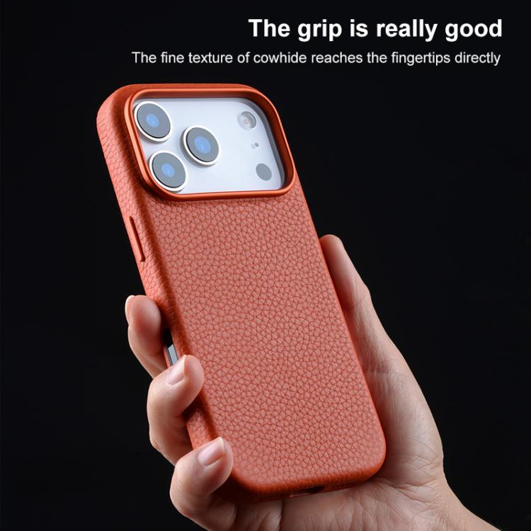 melkco Custodia per telefono in vera pelle con texture litchi, copertura completa magnetica e pulsante AI, For iPhone 17, For iPhone Air