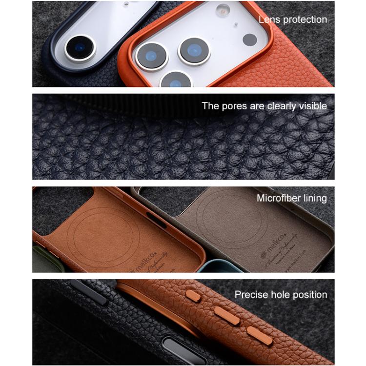 melkco Custodia per telefono in vera pelle con texture litchi, copertura completa magnetica e pulsante AI, For iPhone 17 Pro Max, For iPhone 17 Pro
